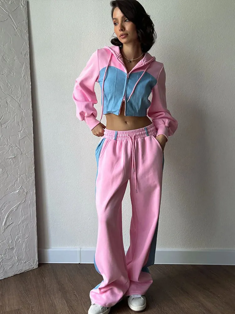 JazzHer Women's Hoodies Crop Top Wide Leg Pants Suits Y2K Pacthwork Zipper Lady Sweatshirt Autumn Fashion Korean Sportswear Streetwear