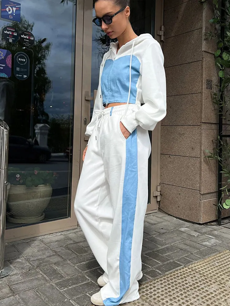 JazzHer Women's Hoodies Crop Top Wide Leg Pants Suits Y2K Pacthwork Zipper Lady Sweatshirt Autumn Fashion Korean Sportswear Streetwear