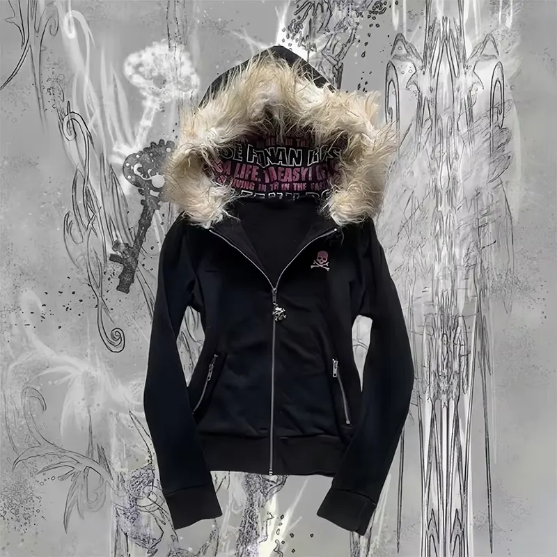 JazzHer Y2k Skulls Zip Up Hoodie Women Clothes Punk Slim Streetwear Sweatshirts Femme Gothic Emo Girl Hoodies Oversized Top Graphic Coat