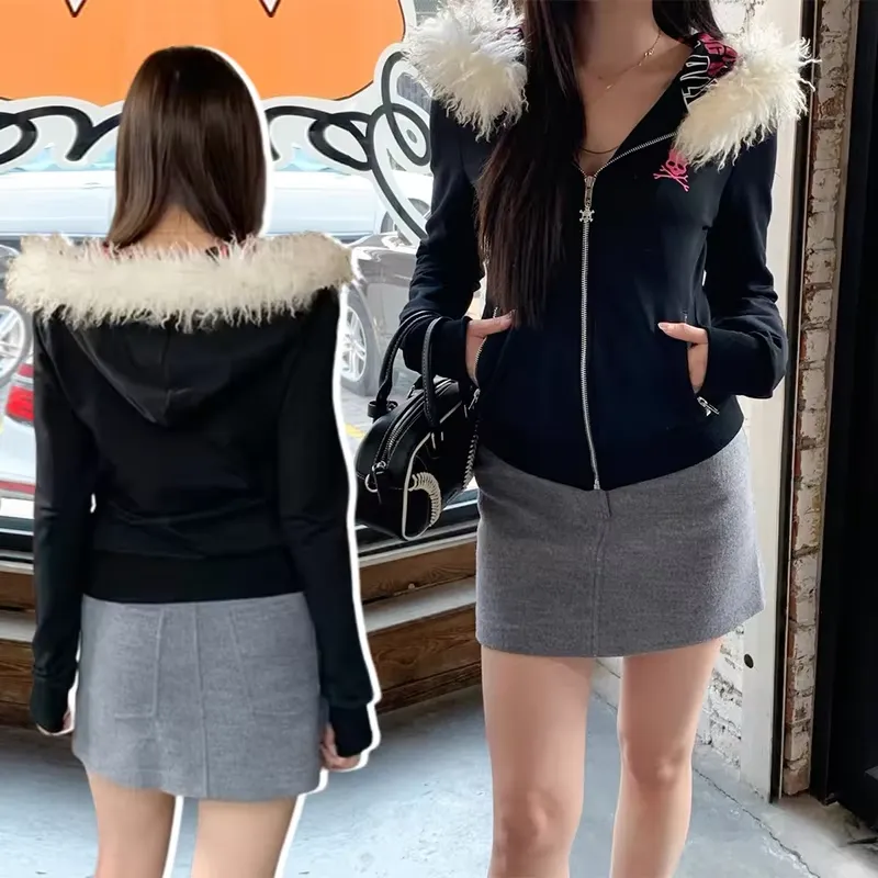 JazzHer Y2k Skulls Zip Up Hoodie Women Clothes Punk Slim Streetwear Sweatshirts Femme Gothic Emo Girl Hoodies Oversized Top Graphic Coat