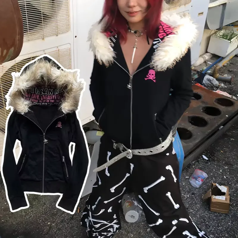 JazzHer Y2k Skulls Zip Up Hoodie Women Clothes Punk Slim Streetwear Sweatshirts Femme Gothic Emo Girl Hoodies Oversized Top Graphic Coat