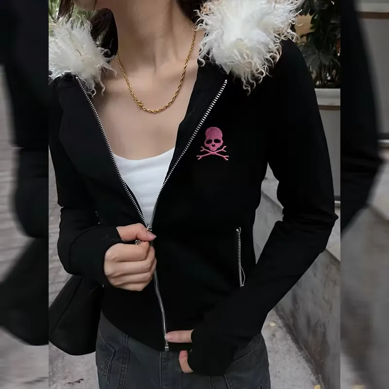 JazzHer Y2k Skulls Zip Up Hoodie Women Clothes Punk Slim Streetwear Sweatshirts Femme Gothic Emo Girl Hoodies Oversized Top Graphic Coat