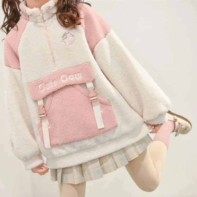 Kawaii Pink Lambswool Fuzzy Hoodie