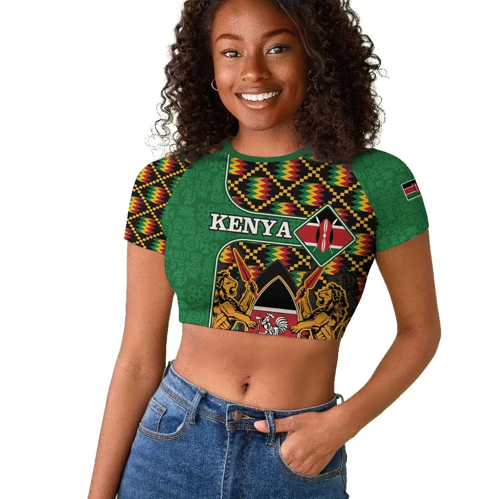 Kenya Raglan Cropped T shirt - Kente Pattern, Coat Of Arms Design LT15