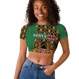 Kenya Raglan Cropped T shirt - Kente Pattern, Coat Of Arms Design LT15