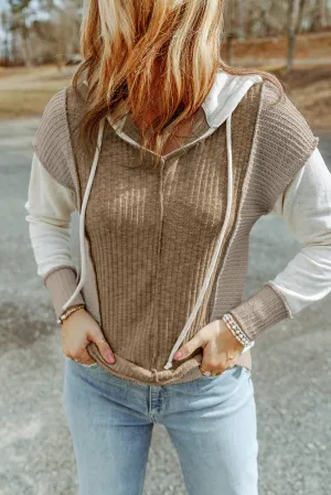 Khaki Gray Long Sleeve Textured Knit Patchwork Hoodie