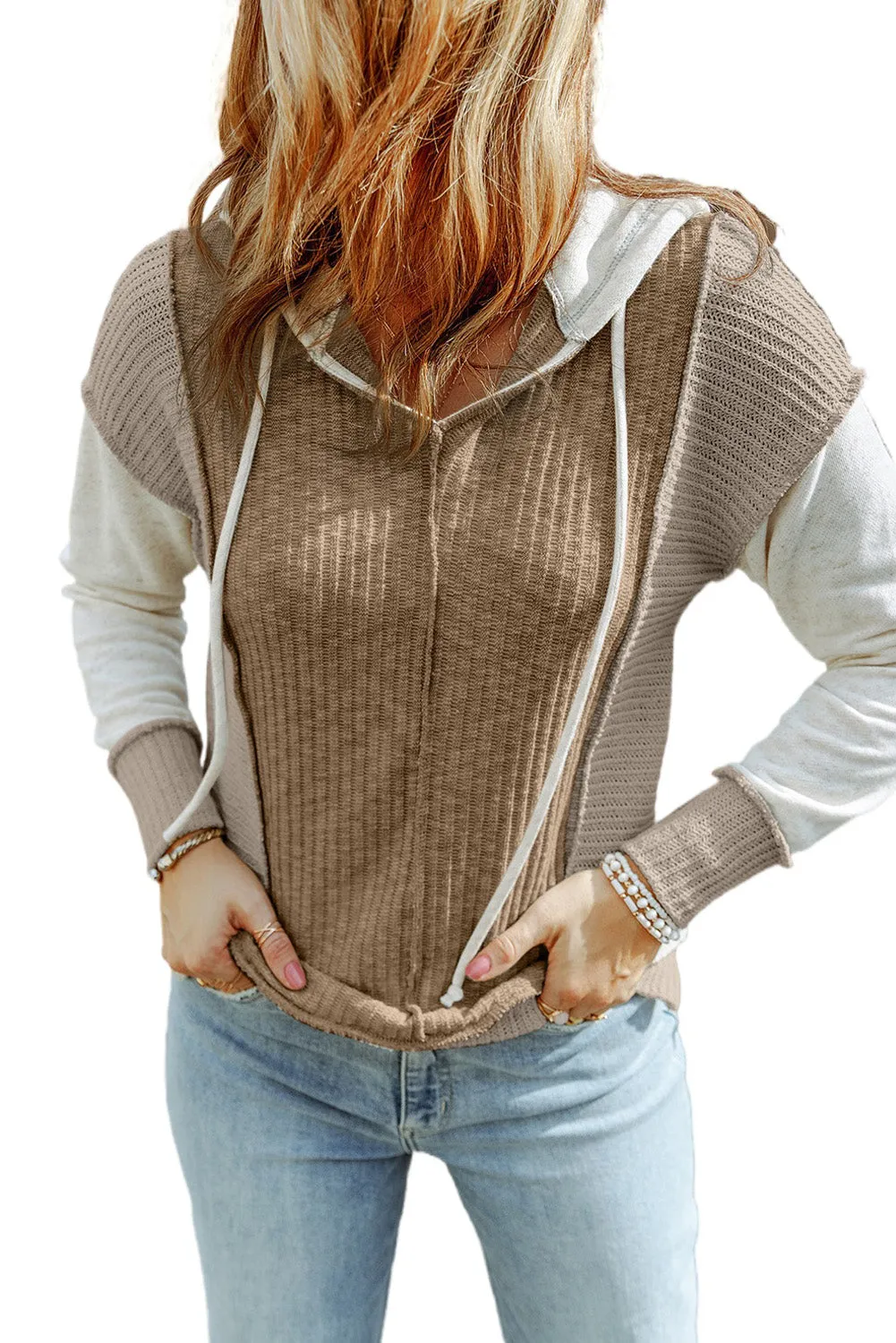 Khaki Gray Long Sleeve Textured Knit Patchwork Hoodie