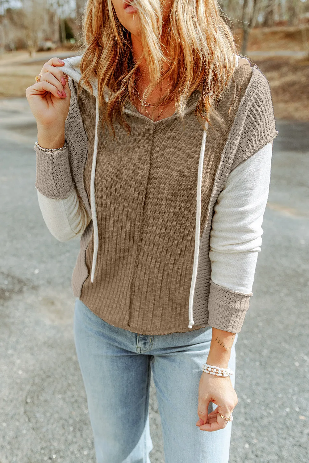 Khaki Gray Long Sleeve Textured Knit Patchwork Hoodie