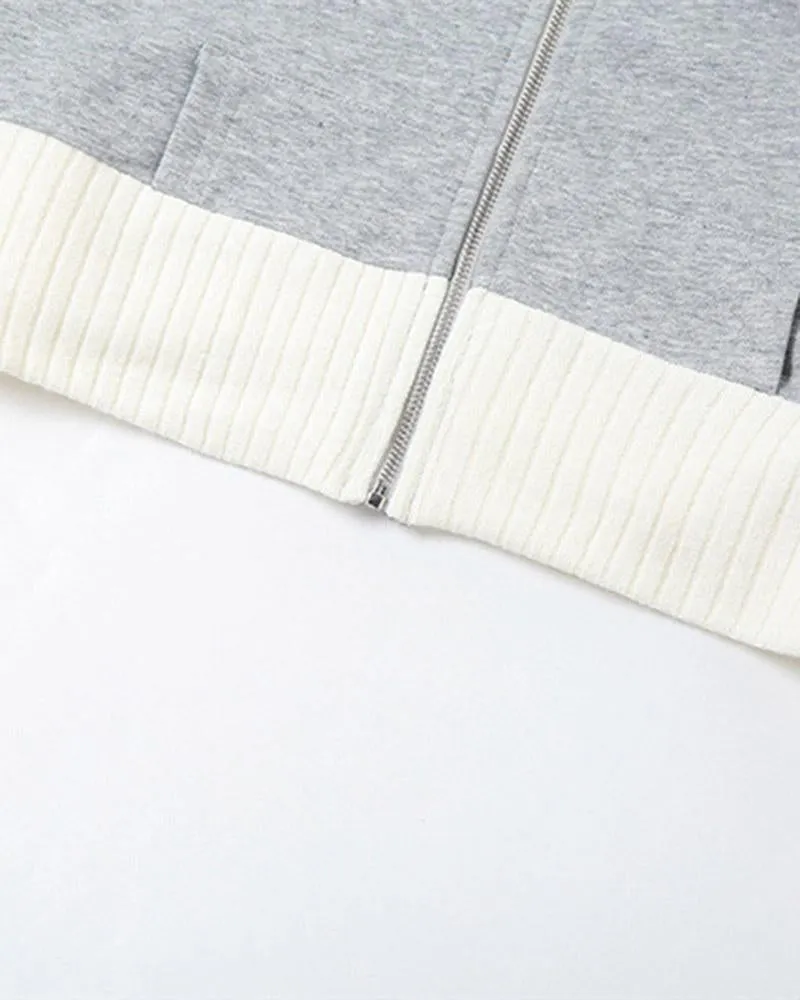 Knitted Patchwork Zip Crop Hoodie