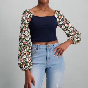 Ladies-Floral Puff Sleeve Knit Top