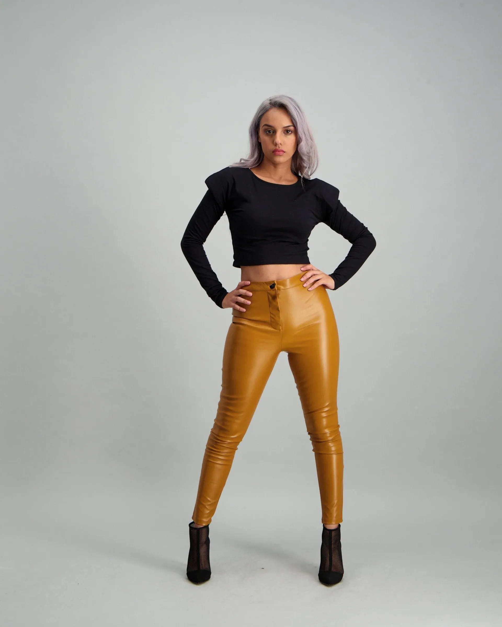 Ladies Long Sleeve Shoulder Padded Top - Black