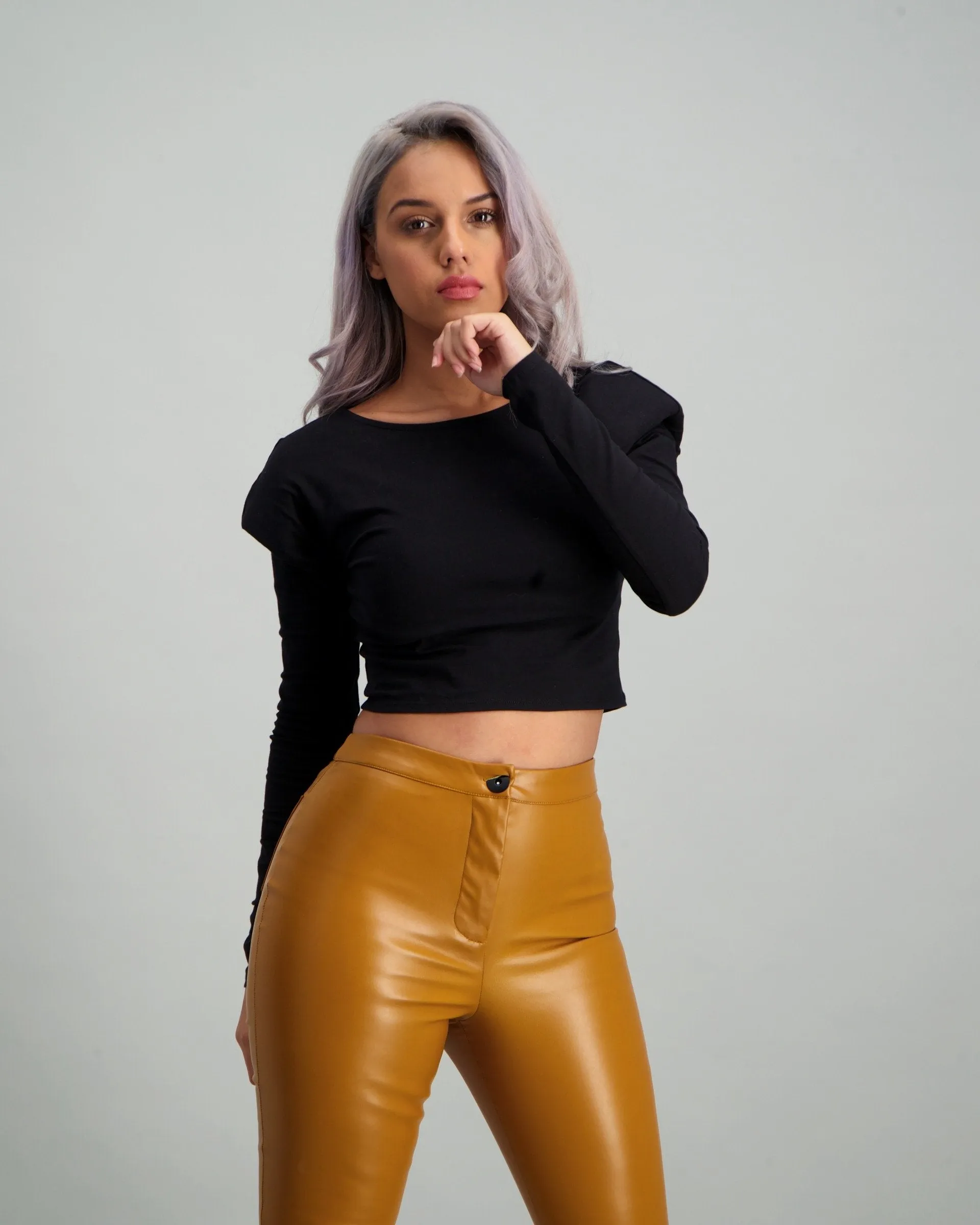Ladies Long Sleeve Shoulder Padded Top - Black