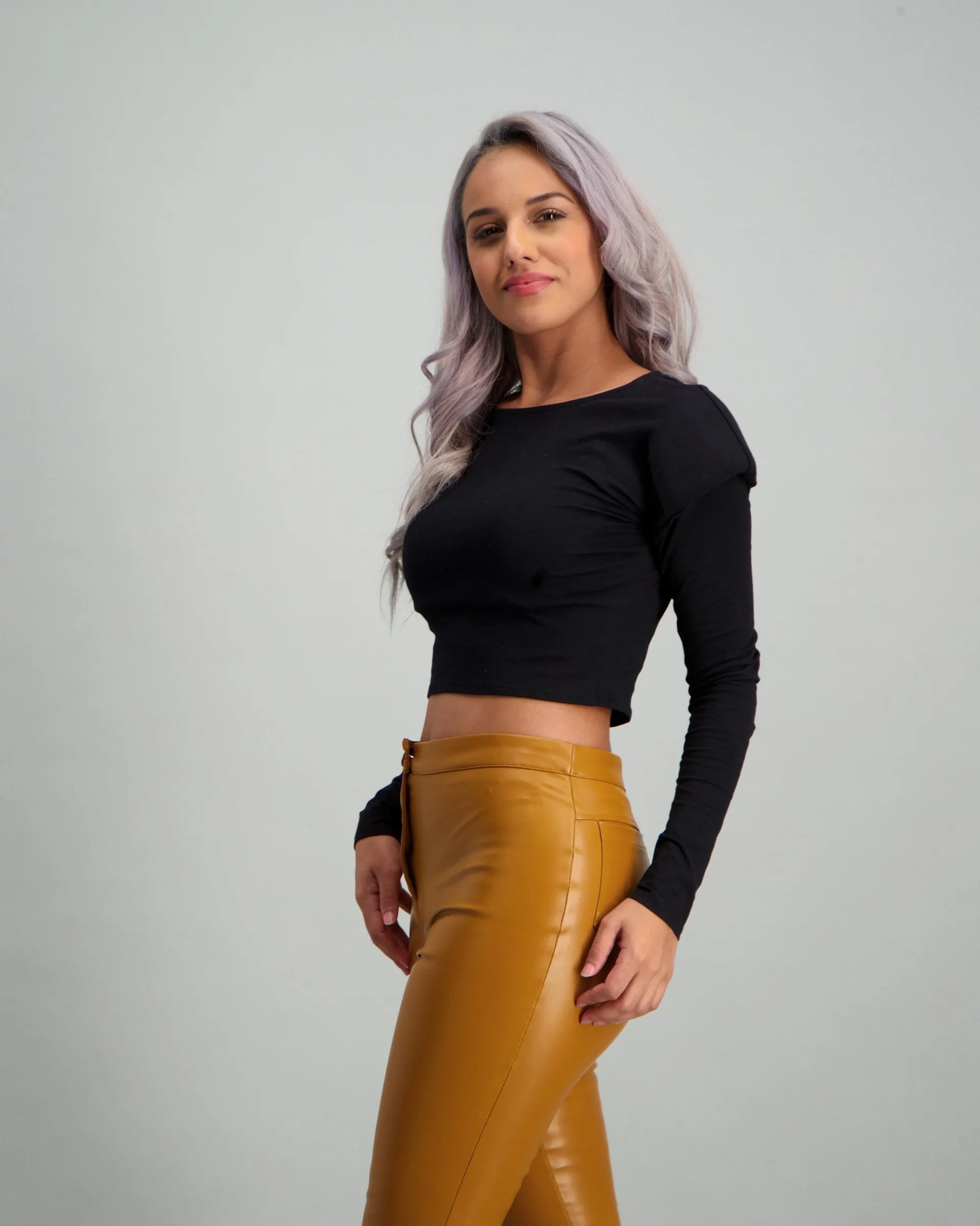 Ladies Long Sleeve Shoulder Padded Top - Black