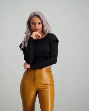 Ladies Long Sleeve Shoulder Padded Top - Black