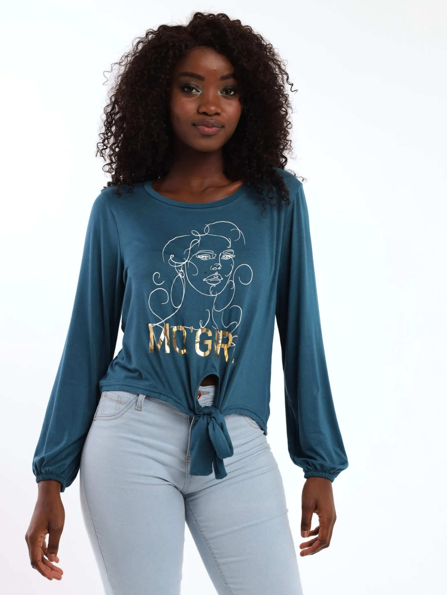 Ladies Long Sleeve Tie Front Tee - Teal