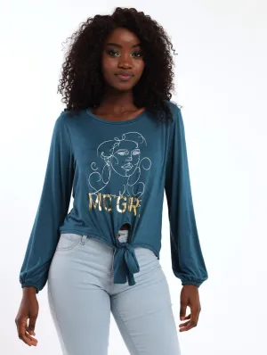 Ladies Long Sleeve Tie Front Tee - Teal