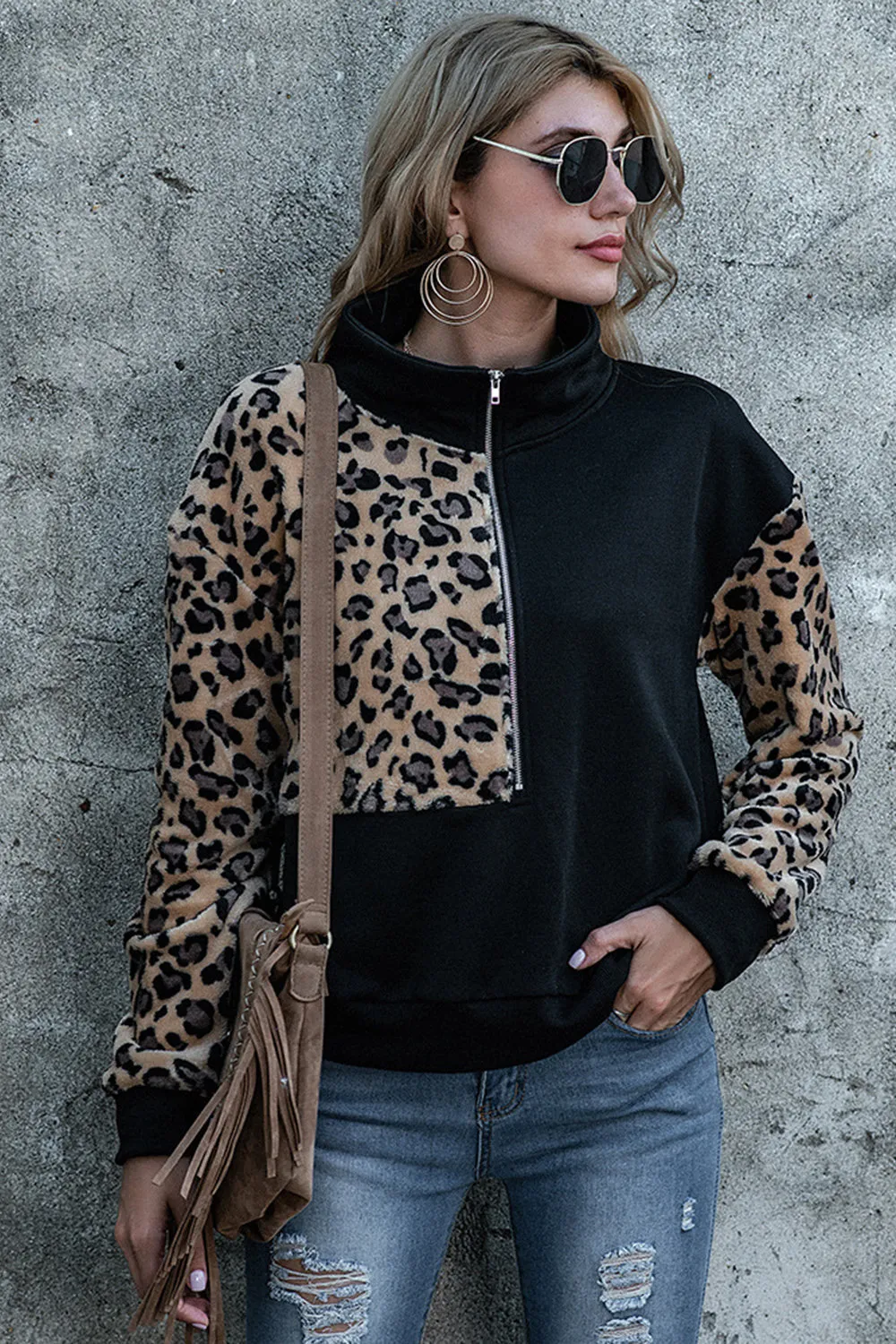 Leopard Print Hoodies with Loose Stitching by WOLFFMODE