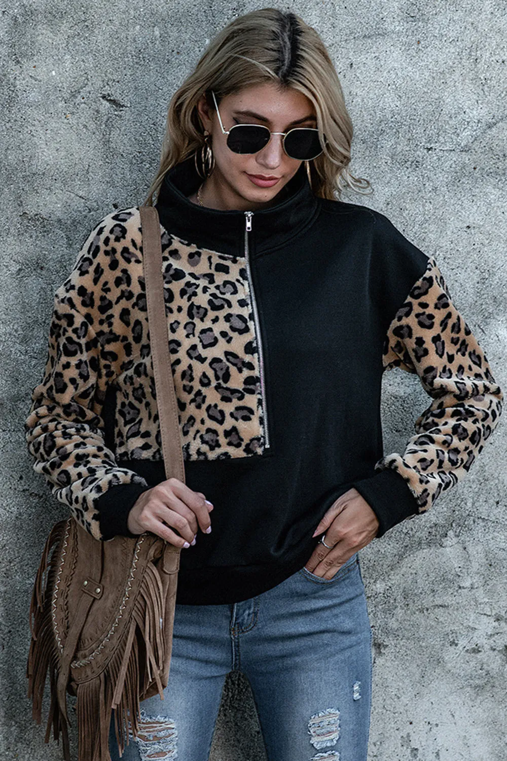Leopard Print Hoodies with Loose Stitching by WOLFFMODE