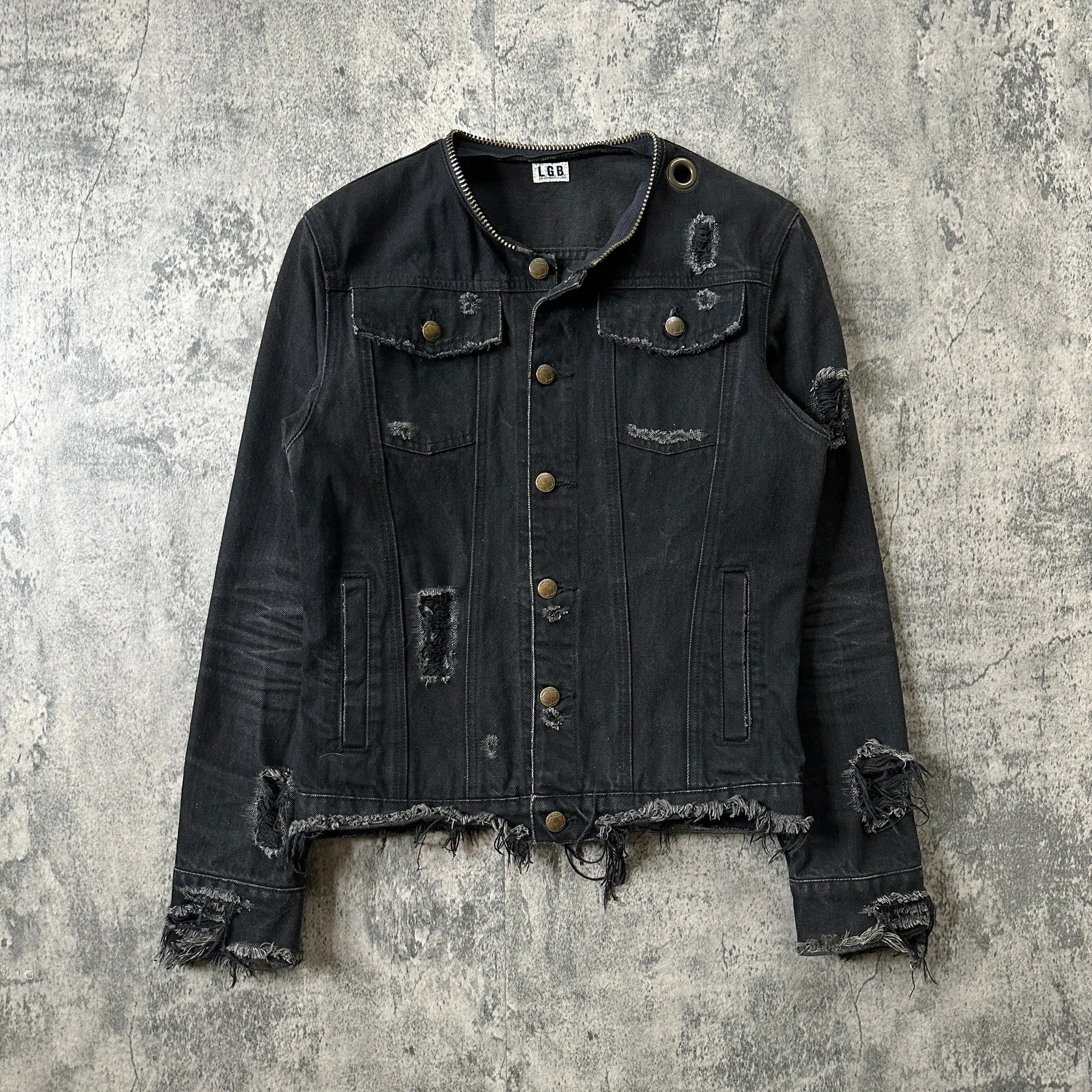 L.G.B. Distressed Removable Collar Denim Jacket