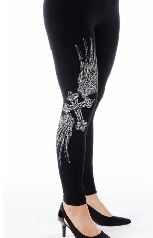 Liberty Wear Collection Leggings: Rhinestone Cross & Wings