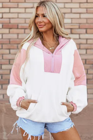Light French Beige Colorblock Patchwork Half Zip Oversized Sherpa Hoodie