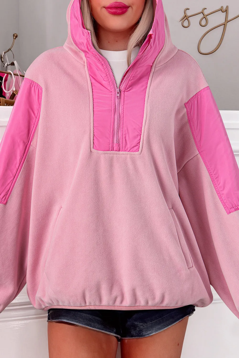 Light French Beige Colorblock Patchwork Half Zip Oversized Sherpa Hoodie