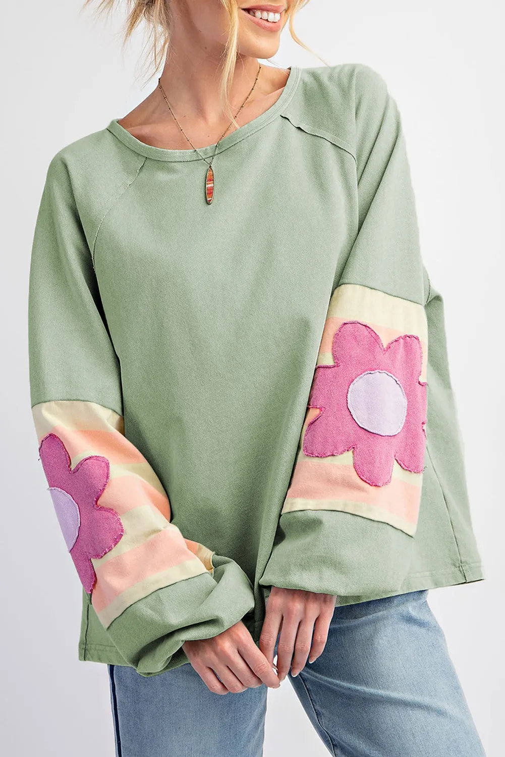 Light French Beige Flower Striped Patchwork Puff Sleeve Loose Sweatshirt