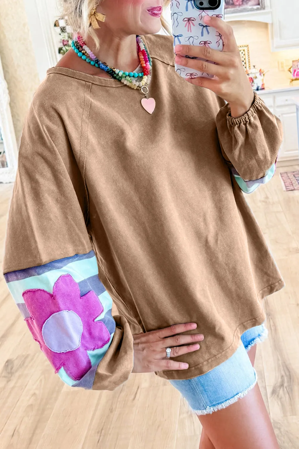 Light French Beige Flower Striped Patchwork Puff Sleeve Loose Sweatshirt