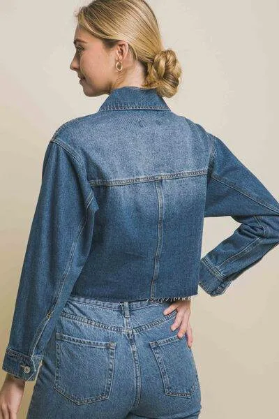 LOVE TREE Raw Hem Button Up Cropped Denim Women Jacket