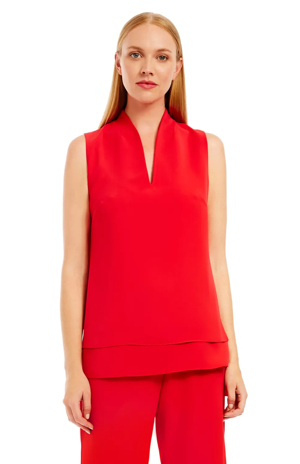 Lustrous Crepe High Neck Double Layer Tank Ruby