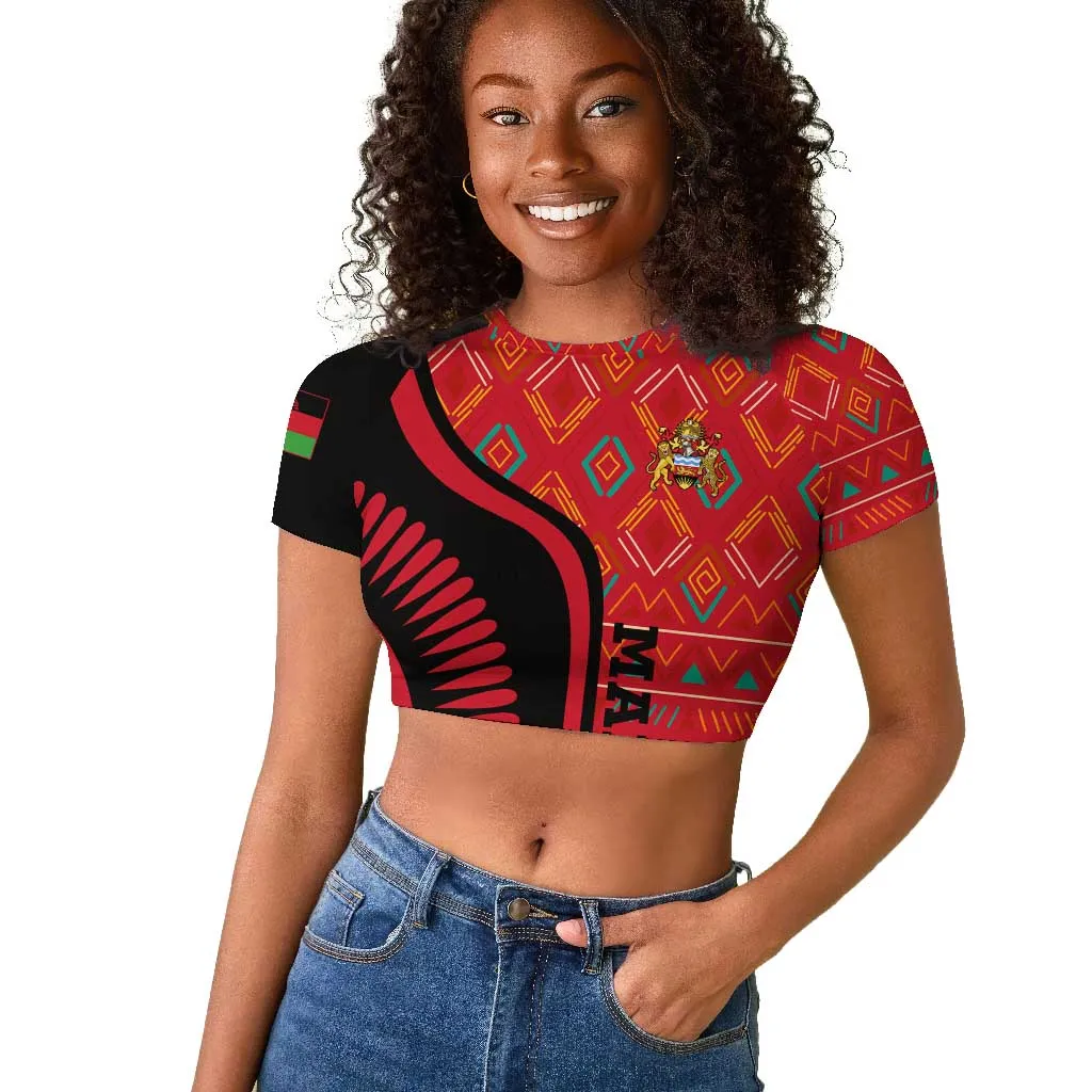 Malawi Patterns African Raglan Cropped T shirt Blended with Flag Colors and National Emblem TS04