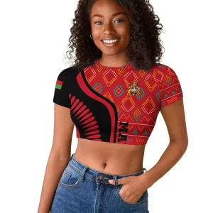 Malawi Patterns African Raglan Cropped T shirt Blended with Flag Colors and National Emblem TS04