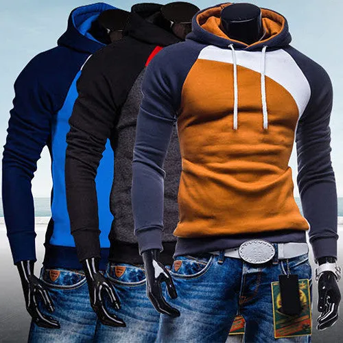 Men Spring Warm Hoody Ourdoor Slim Fit Splicing Color String Casual Pullover Top