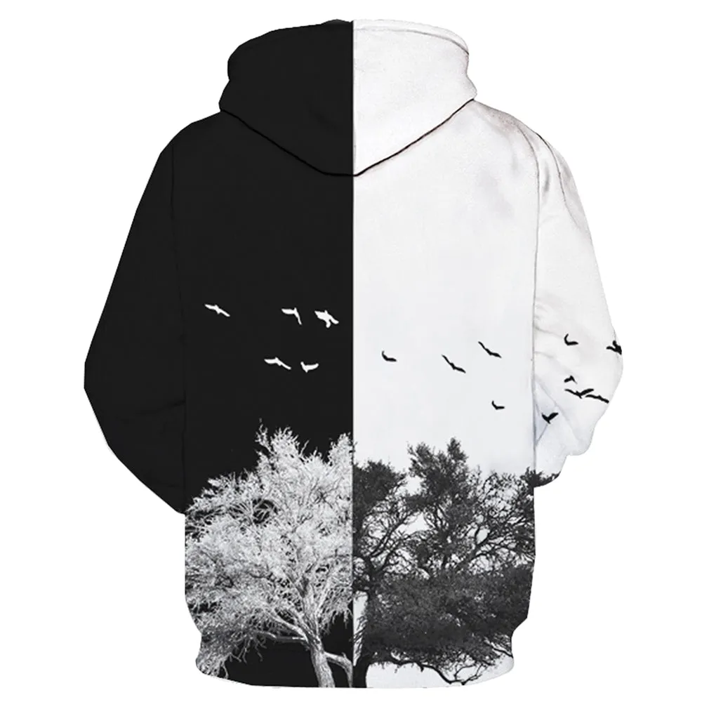 Men's Hooded 3D Patchwork Color Block Tree Print Pullover Hoodie