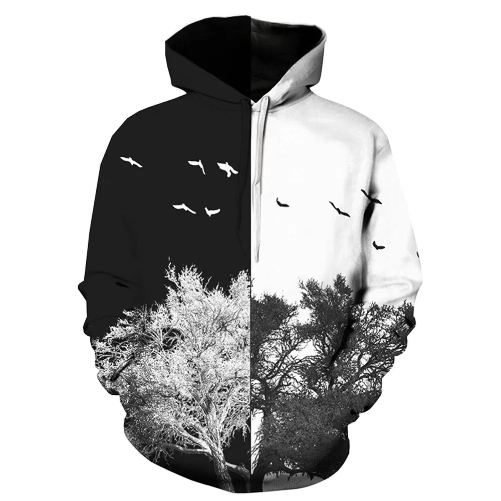 Men's Hooded 3D Patchwork Color Block Tree Print Pullover Hoodie
