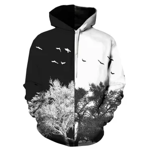 Men's Hooded 3D Patchwork Color Block Tree Print Pullover Hoodie