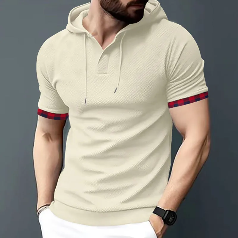 Men's Waffle Plaid Patchwork Drawstring Hooded T-shirt