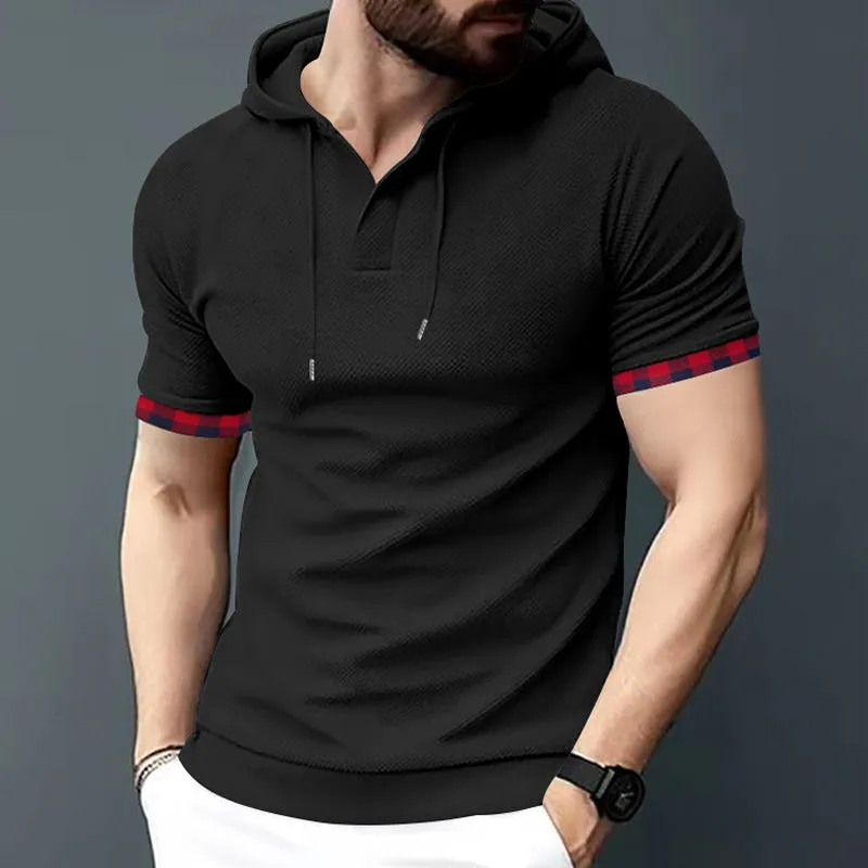 Men's Waffle Plaid Patchwork Drawstring Hooded T-shirt