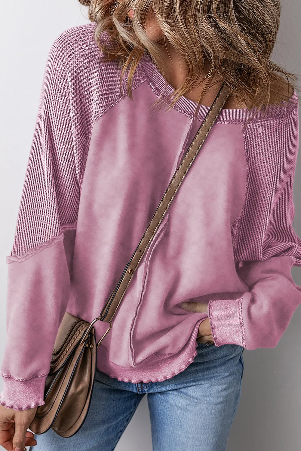 Mineral Blue Textured Patchwork Frilled Trim Plus Size Pullover Sweatshirt