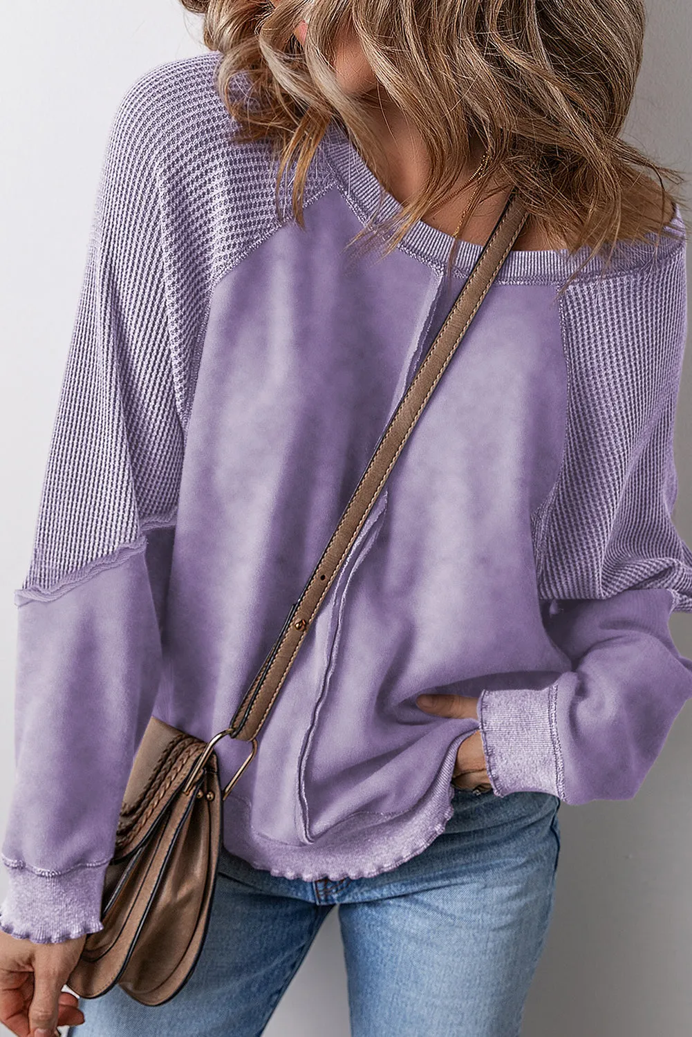 Mineral Blue Textured Patchwork Frilled Trim Plus Size Pullover Sweatshirt