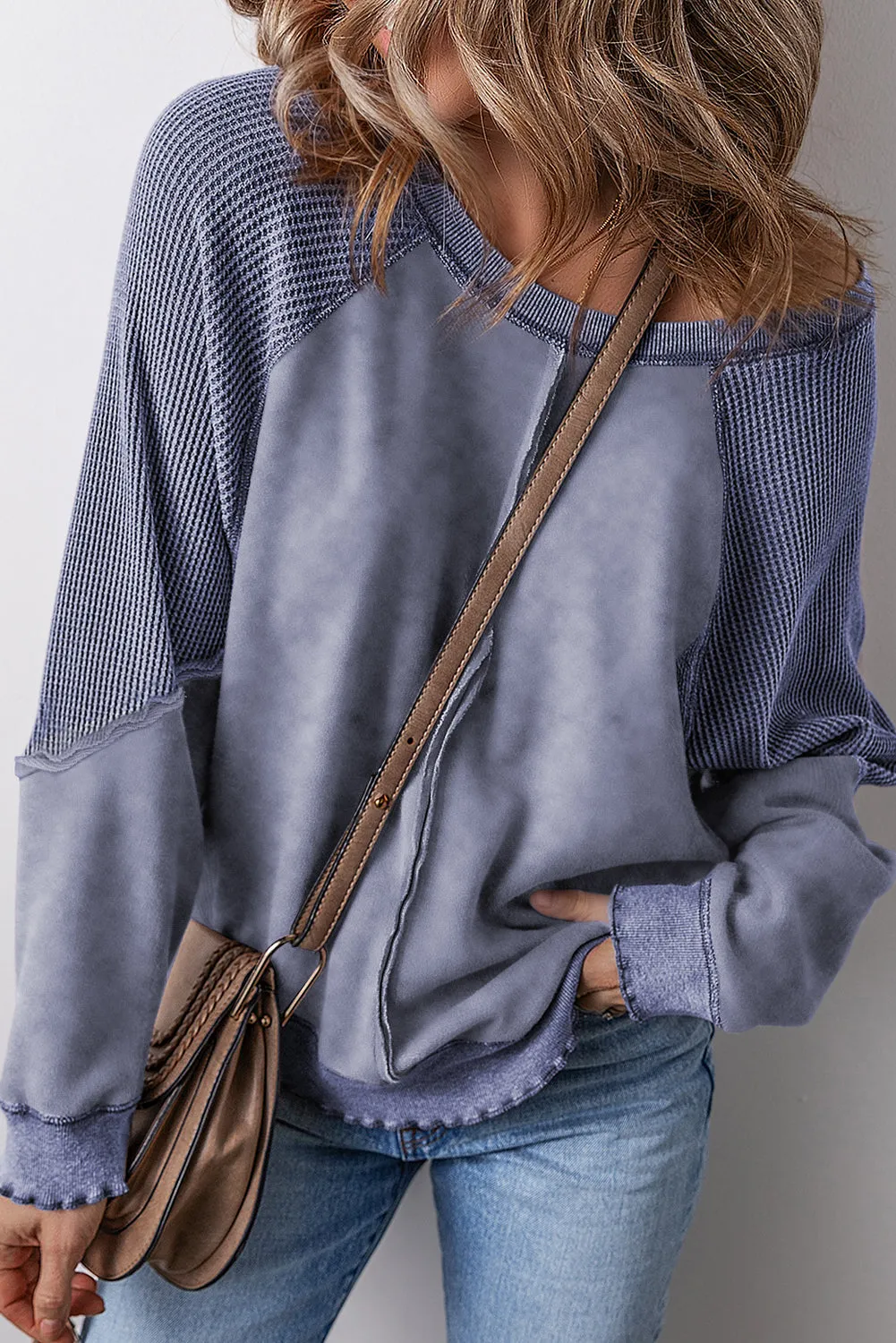Mineral Blue Textured Patchwork Frilled Trim Plus Size Pullover Sweatshirt