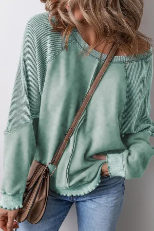Mineral Blue Textured Patchwork Frilled Trim Plus Size Pullover Sweatshirt
