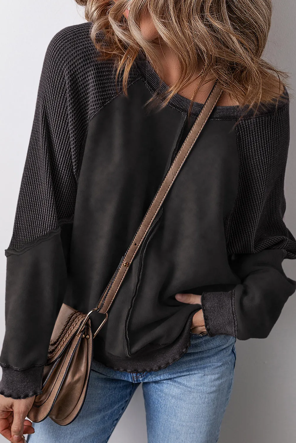 Mineral Blue Textured Patchwork Frilled Trim Plus Size Pullover Sweatshirt