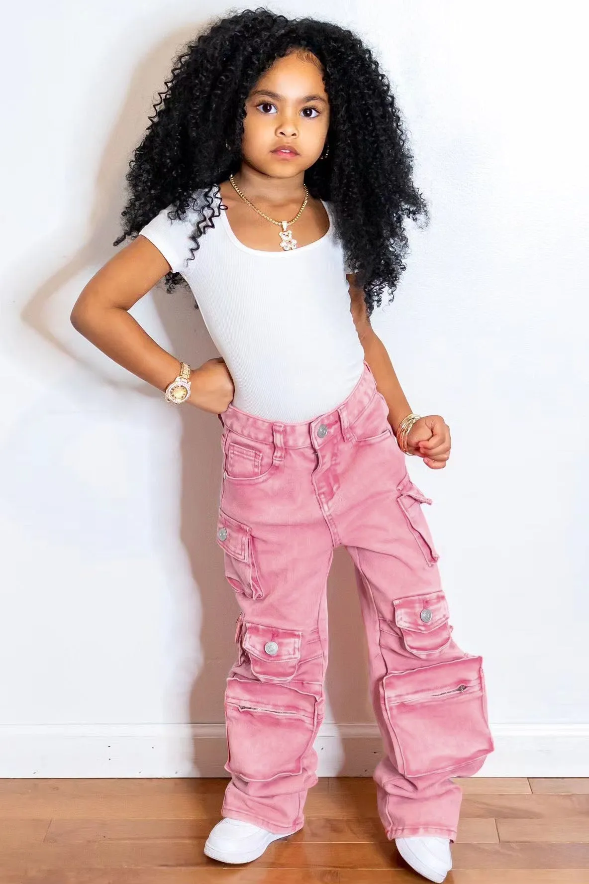 Mini Lily High Rise Cargo Jeans - Pink