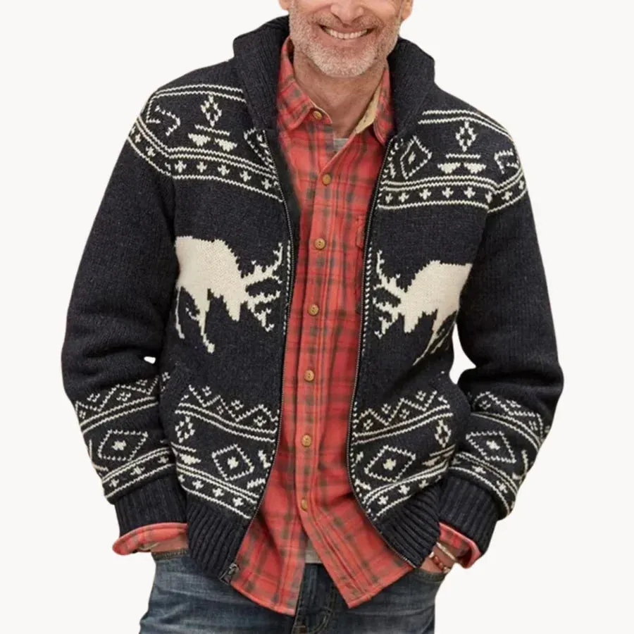 Mountridge - cosy patchwork design with reindeer motif men's pullover jacket