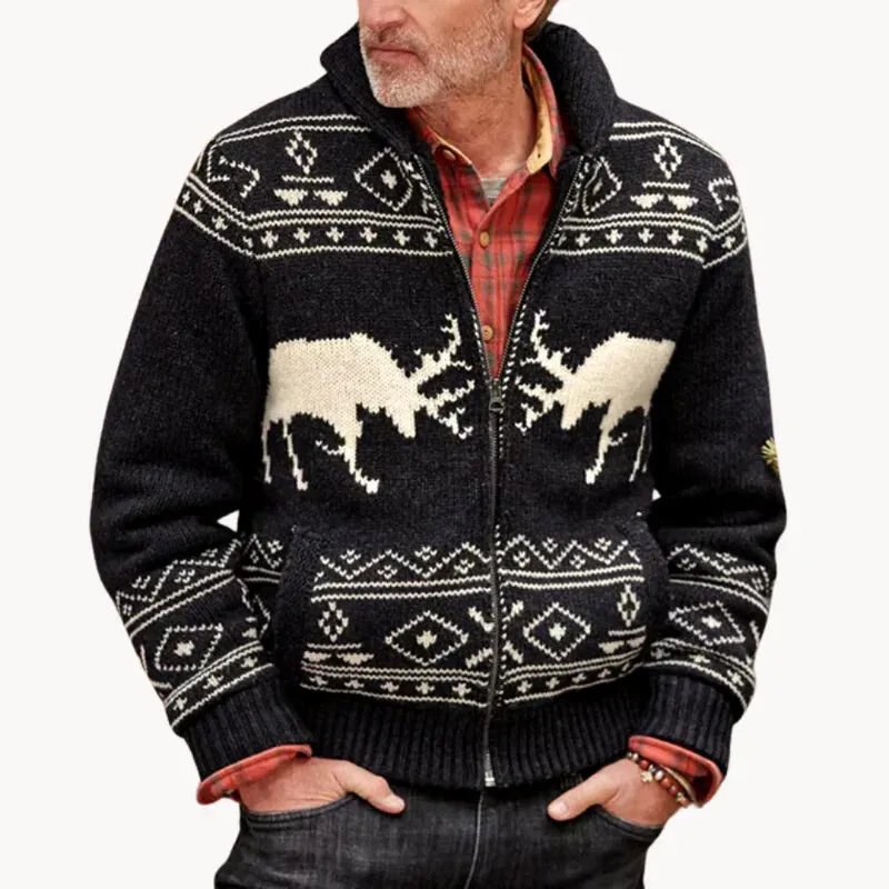 Mountridge - cosy patchwork design with reindeer motif men's pullover jacket