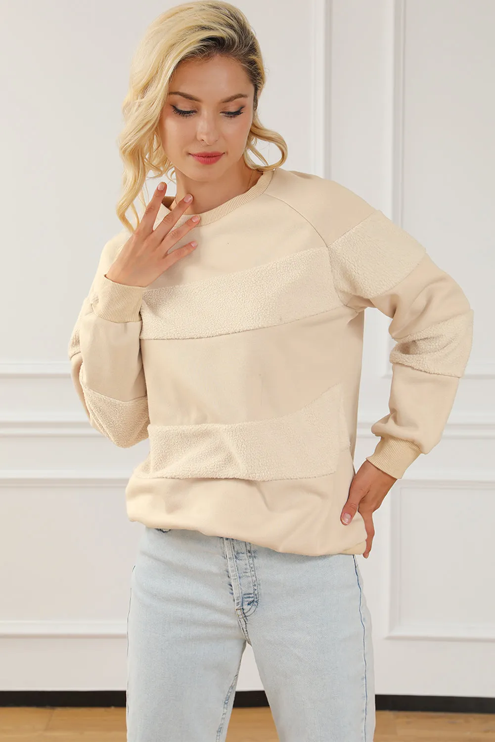 Oatmeal Contrast 2-tone Patchwork Raglan Sleeve Sweatshirt