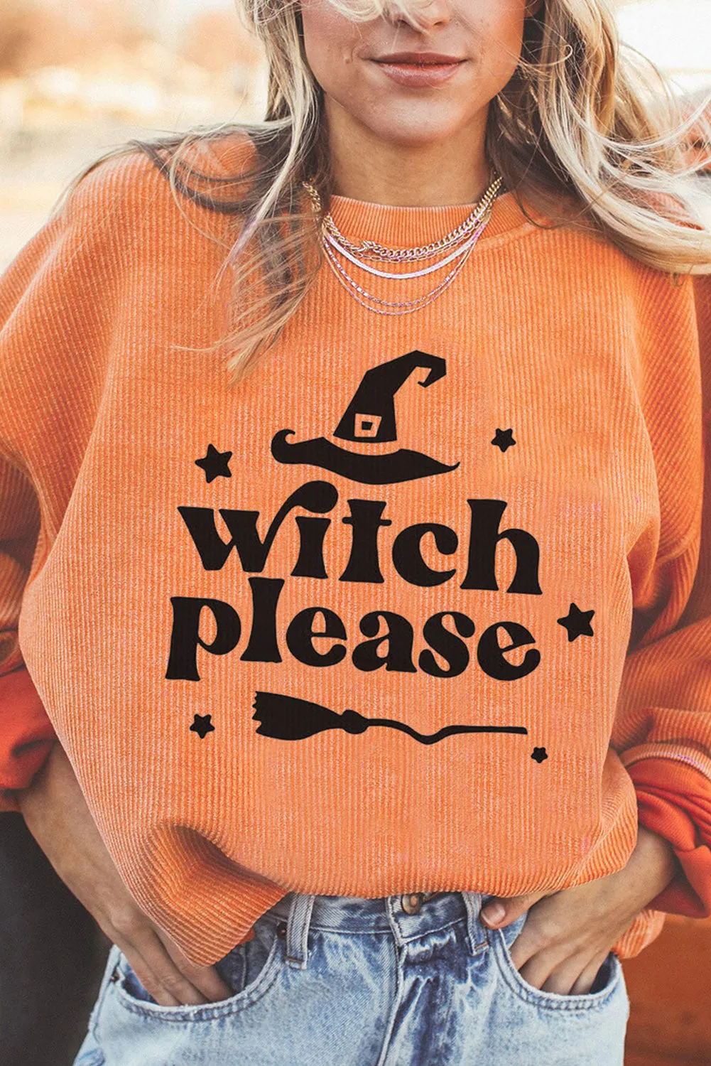 Orange Witch Please Halloween Graphic Corded Sweatshirt