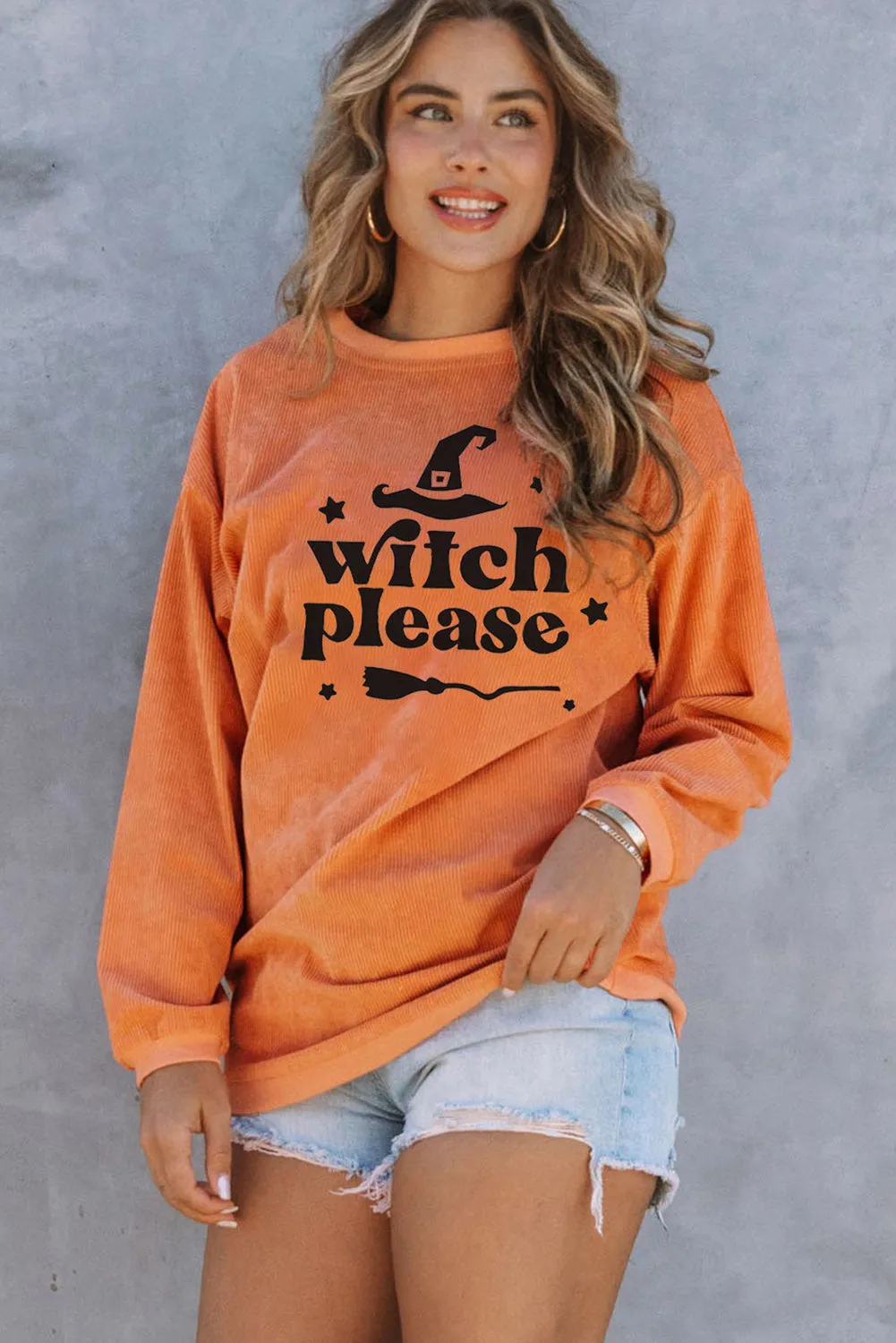 Orange Witch Please Halloween Graphic Corded Sweatshirt