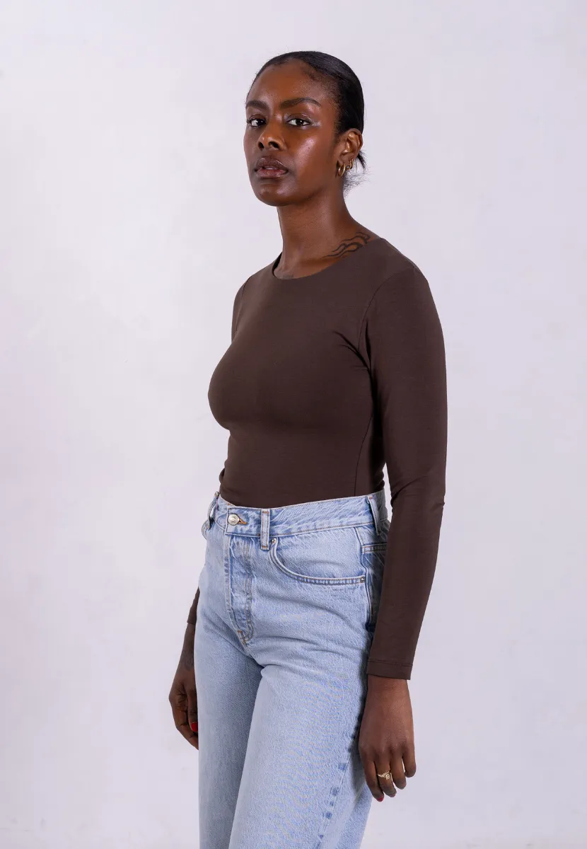 Organic Cotton Crew Long Sleeve T-Shirt, Hot Fudge